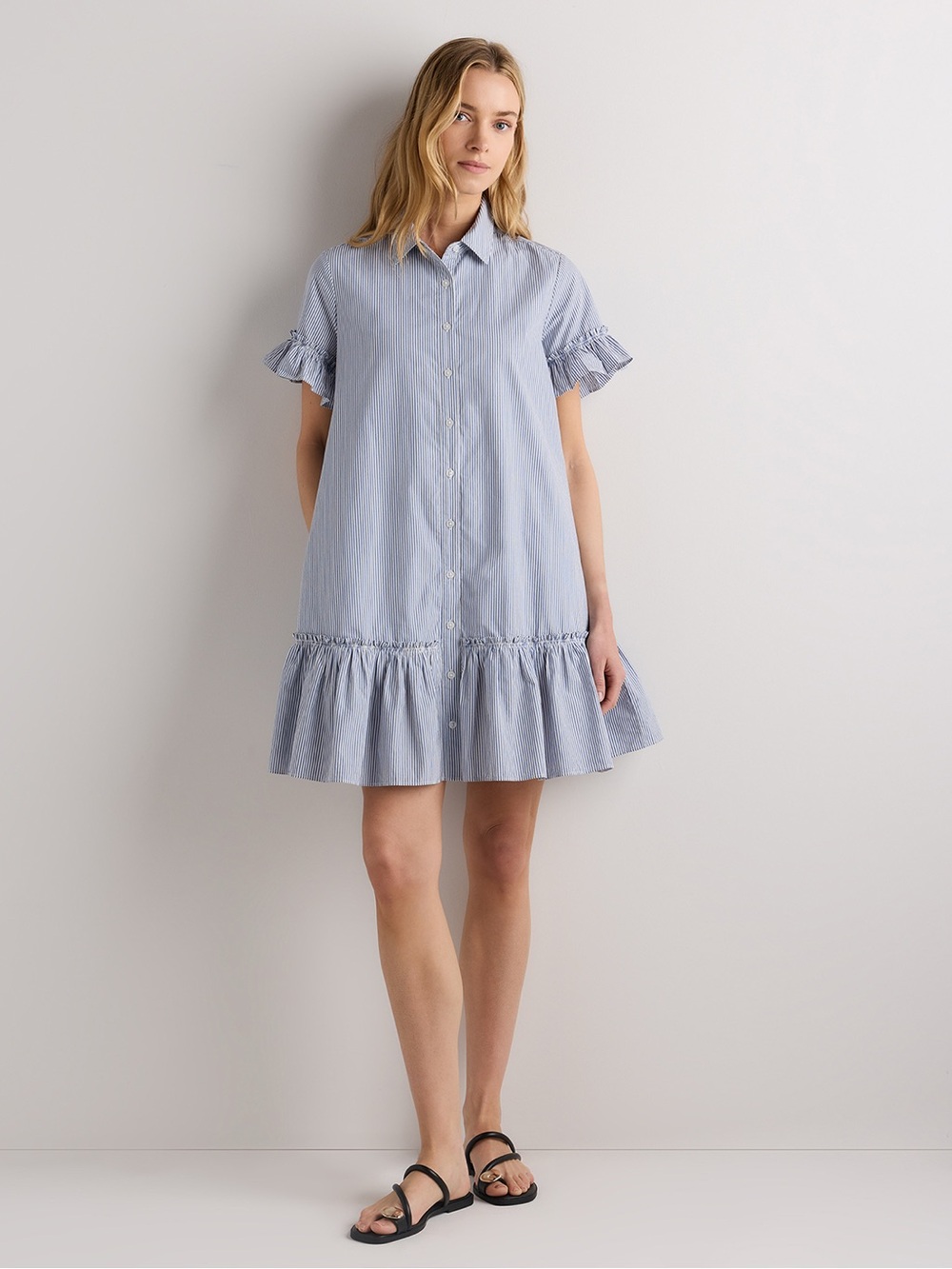 Quince Light Blue Stripe 100% Organic Cotton Poplin Short Sleeve Ruffle Dress